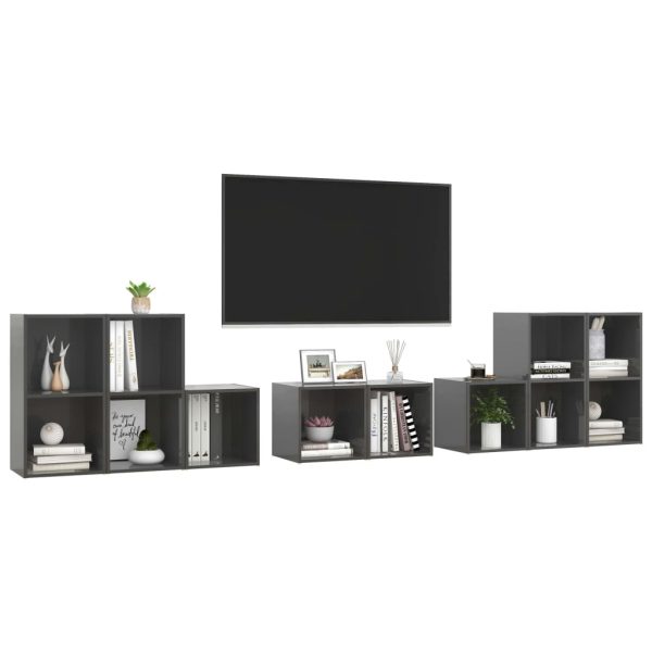 8 pcs conjunto de móveis de TV contraplacado cinzento brilhante - Image 3