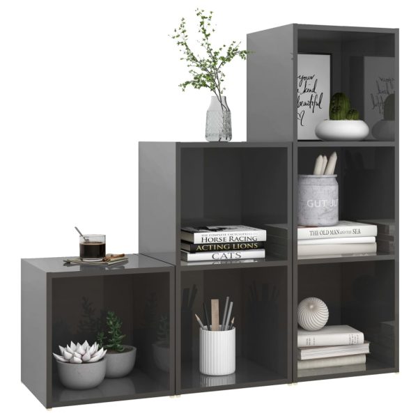 3 pcs conjunto de móveis de TV contraplacado cinzento brilhante - Image 3