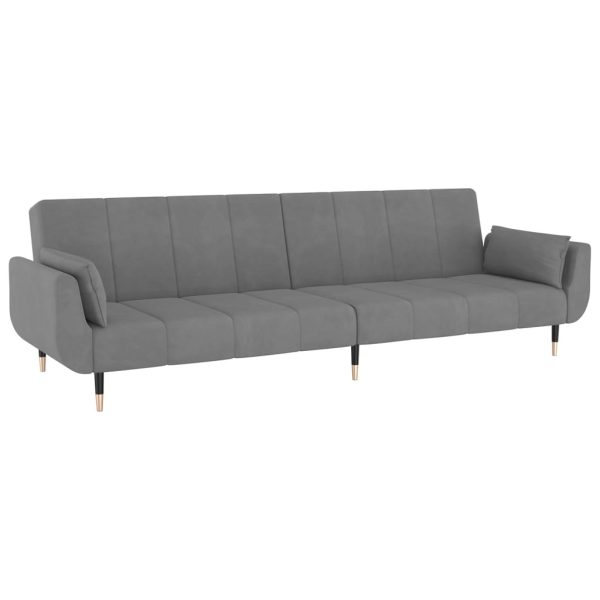 Sofá-cama 2 lugares com duas almofadas veludo cinzento-claro - Image 4