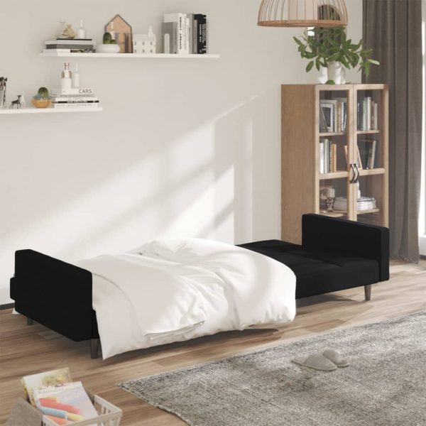 Sofá-cama de 2 lugares tecido de microfibra preto - Image 3