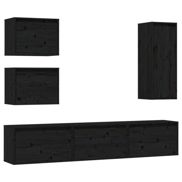 Móveis de TV 6 pcs madeira de pinho maciça preto - Image 2