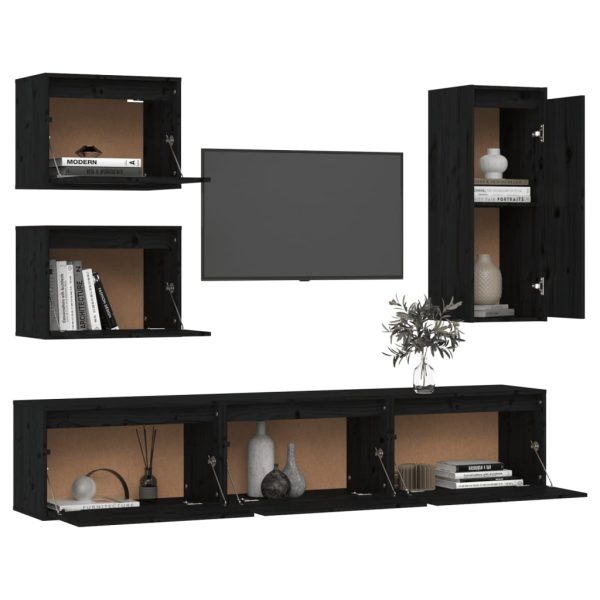 Móveis de TV 6 pcs madeira de pinho maciça preto - Image 4