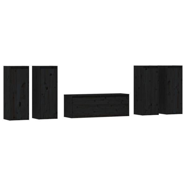 Móveis de TV 5 pcs madeira de pinho maciça preto - Image 2