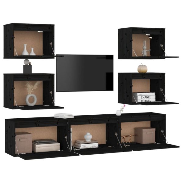 Móveis de TV 7 pcs madeira de pinho maciça preto - Image 4