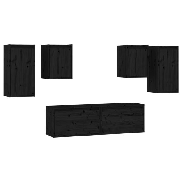 Móveis de TV 6 pcs madeira de pinho maciça preto - Image 2