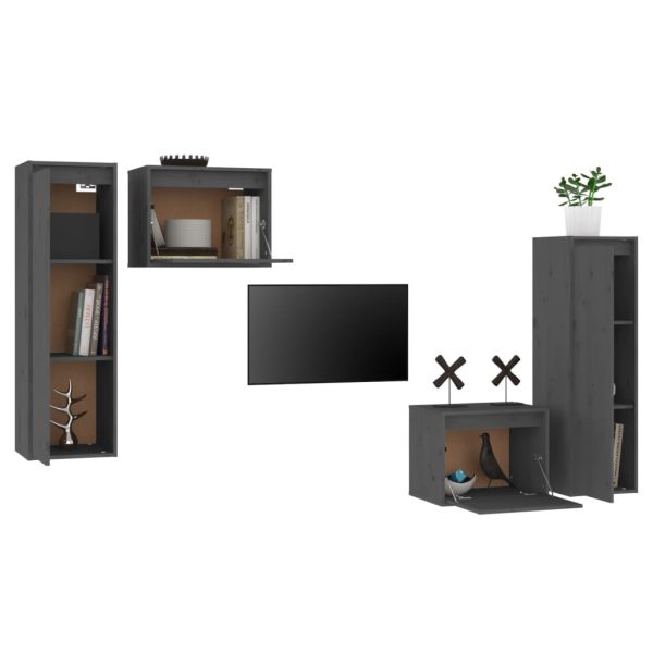 Móveis de TV 4 pcs madeira de pinho maciça cinzento - Image 4