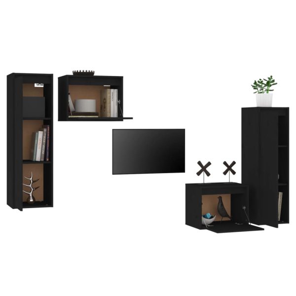 Móveis de TV 4 pcs madeira de pinho maciça preto - Image 4
