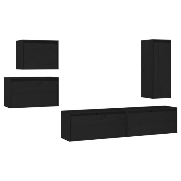 Móveis de TV 5 pcs madeira de pinho maciça preto - Image 2