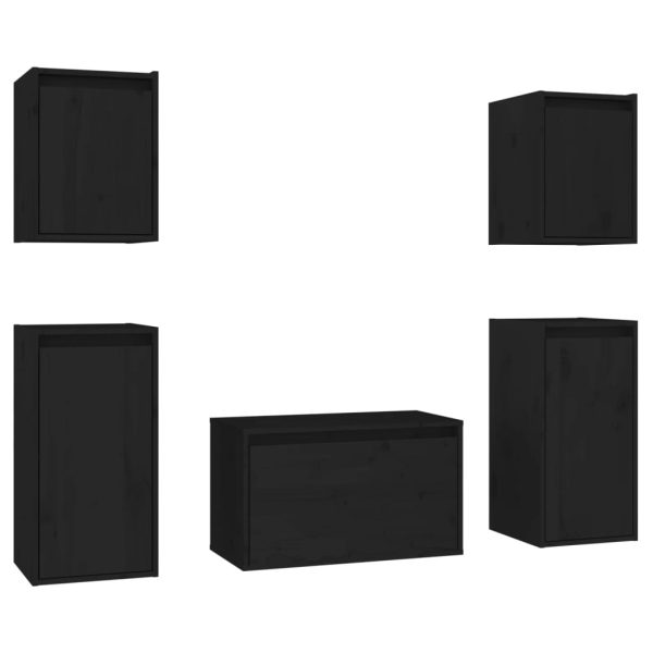 Móveis de TV 5 pcs madeira de pinho maciça preto - Image 2