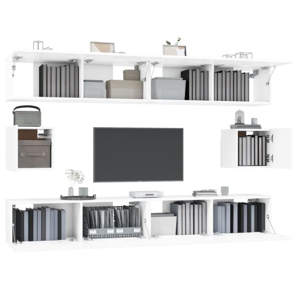 6 pcs conjunto móveis de TV madeira processada branco brilhante - Image 4