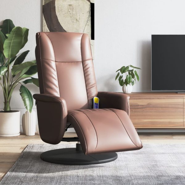 Poltrona massagens recl. c/ apoio pés couro artificial castanho