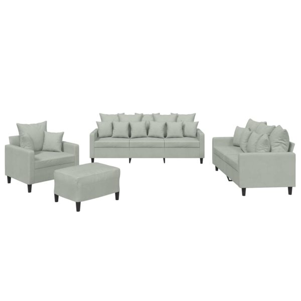 4 pcs conjunto de sofás com almofadões veludo cinzento-claro - Image 2