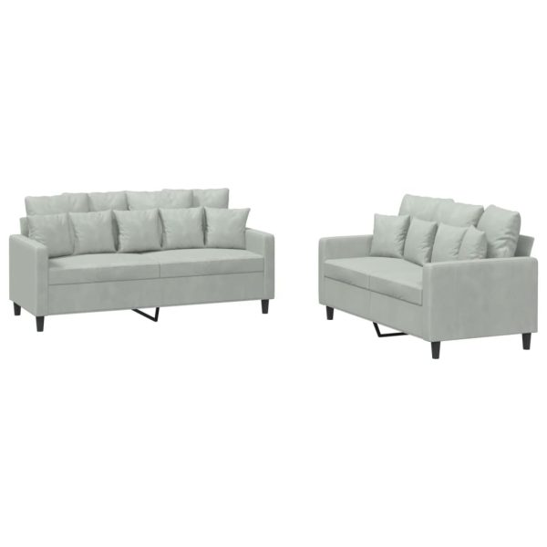 2 pcs conjunto de sofás com almofadões veludo cinzento-claro - Image 2