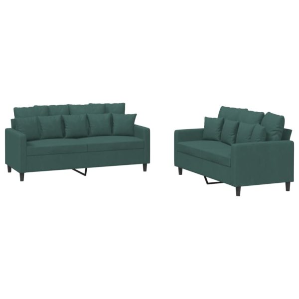 2 pcs conjunto de sofás com almofadões veludo verde-escuro - Image 2