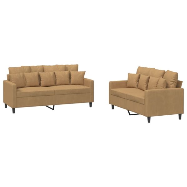 2 pcs conjunto de sofás com almofadões veludo castanho - Image 2