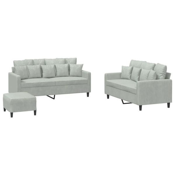 3 pcs conjunto de sofás com almofadões veludo cinzento-claro - Image 2