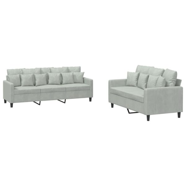 2 pcs conjunto de sofás com almofadões veludo cinzento-claro - Image 2