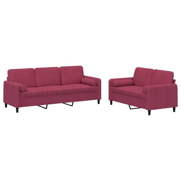 2 pcs conjunto de sofás com almofadas veludo vermelho-tinto - Image 2