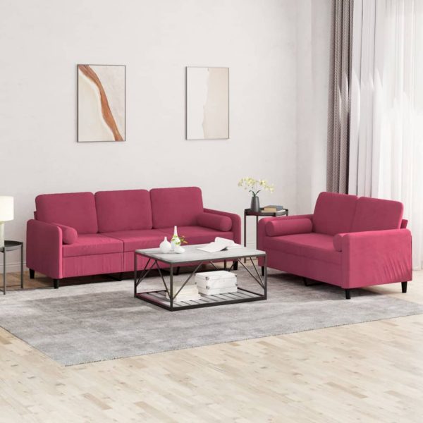 2 pcs conjunto de sofás com almofadas veludo vermelho-tinto