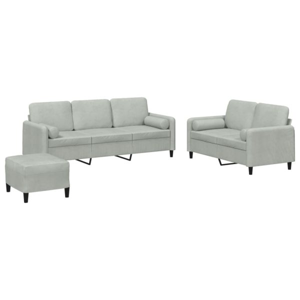 3 pcs conjunto de sofás com almofadas veludo cinzento-claro - Image 2