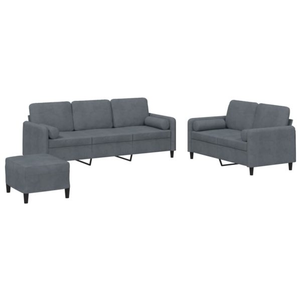 3 pcs conjunto de sofás com almofadas veludo cinzento-escuro - Image 2