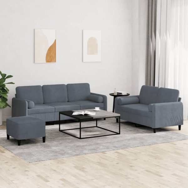 3 pcs conjunto de sofás com almofadas veludo cinzento-escuro
