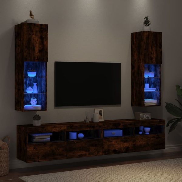 Móveis de TV c/ luzes LED 2 pcs 30,5x30x102 cm carvalho fumado - Image 4