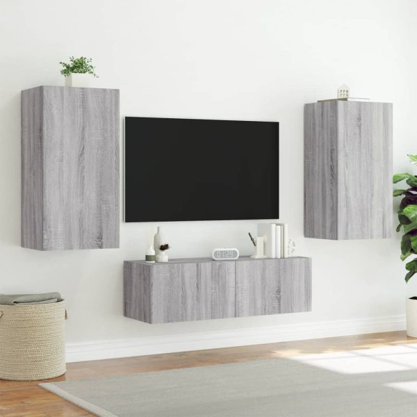 3 pcs móveis de parede para TV com luzes LED cinzento sonoma - Image 5