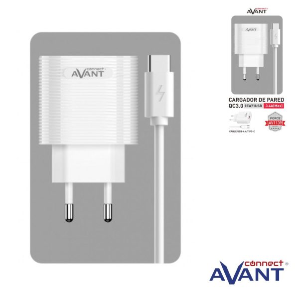 CARGADOR DE CORRIENTE AVANT CONNECT USB 15W QC3.0 + CABLE TIPO C - CARGA RAPIDA