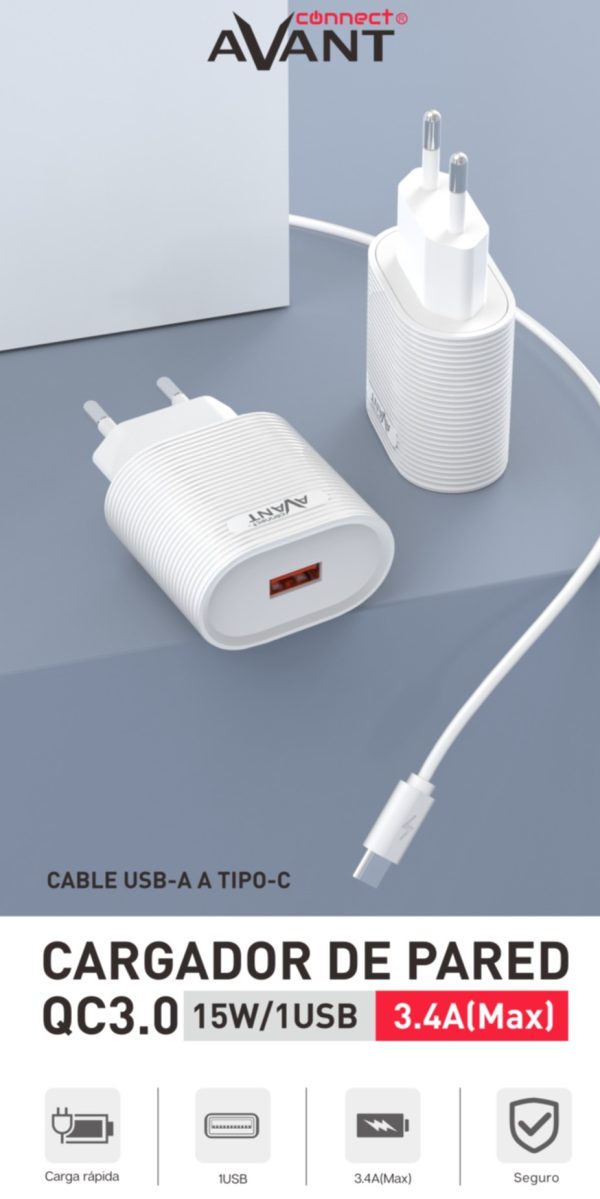 CARGADOR DE CORRIENTE AVANT CONNECT USB 15W QC3.0 + CABLE TIPO C - CARGA RAPIDA - Image 2