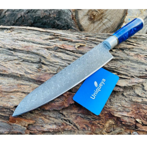 Damascus Steel Kitchen Chef Knife With Resin Handle and Leather Sheath