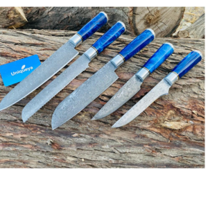 Damascus Steel Chef Set with Blue Resin and Leather Sheath