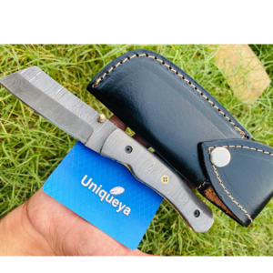 Damascus Steel Folding Pocket Knife with Leather Sheath