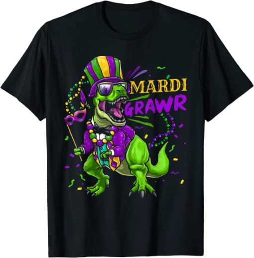 Mardi Gras Dabbing T Rex Dinosaur Mardi Grawr Bead Costume T-Shirt