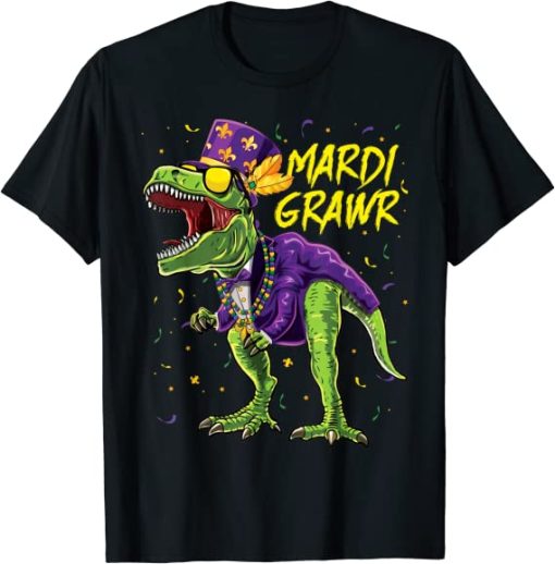 Mardi Grawr T-Rex Dinosaur Dino Mardi Gras Kids Boys Toddler T-Shirt