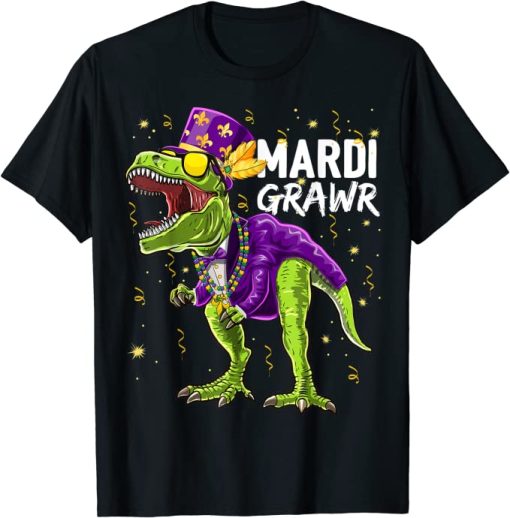 Mardi Grawr T Rex Dinosaur Mardi Gras Bead Costume Kids T-Shirt