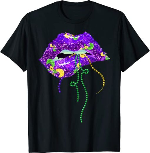 Mardi Gras Lips Queen Carnival Costume Purple & Gold Funny T-Shirt