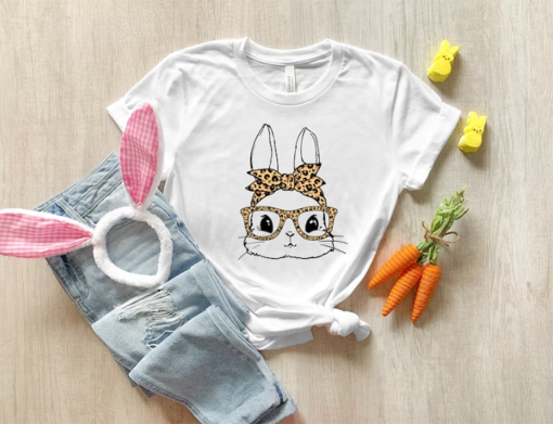 Bunny with Leopard Glasses shirt, Easter shirt, Easter bunny graphic tee, Easter shirts for women,Ladies Easter Bunny T-Shirt