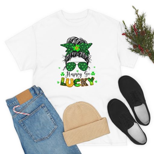 Happy Go Lucky Messy Bun Shamrock St Patrick’s Day T-Shirt