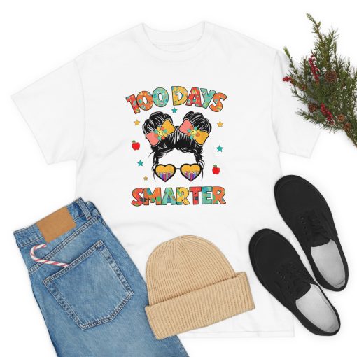 100 Days Smarter 100th Day Of School Girls Messy Bun Hair T-Shirt