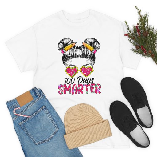 100 Days Smarter Girls Messy Bun Hair 100th Day Of School T-Shirt