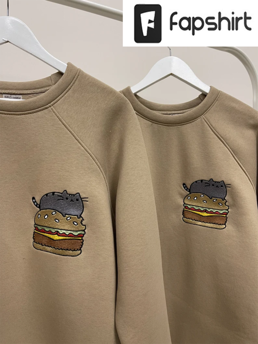 Couple Cartoon Embroidered Funny Cat Burgers Hoodies Animal Food Crewneck Matching Sweatshirts Items Anniversary Gift for Her and Him