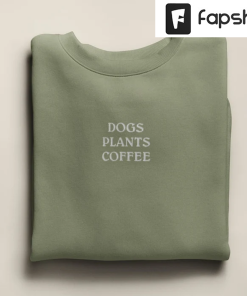 Embroidered “Dogs Plants Coffee” Crew Neck Sweatshirt,…