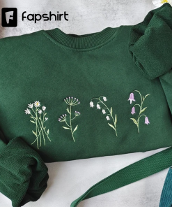 Cute Wildflowers embroidered crewneck-Dark green daisy sweatshirt-Floral…