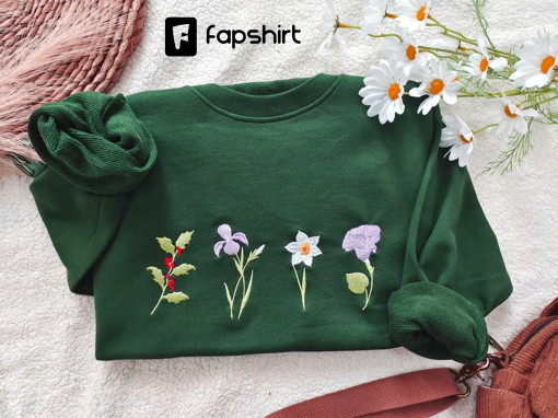 Dark green Holly,Iris,Lilies and Petunias Crewneck embroidered aesthetic sweatshir t,Gifts for her