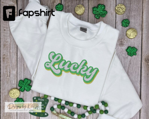 Lucky Retro Sweatshirt, St. Patrick’s Day Custom Embroidered Pullover, Lucky Clover Embroidered Hoodie, Lucky Shamrock, Vintage Watercolors