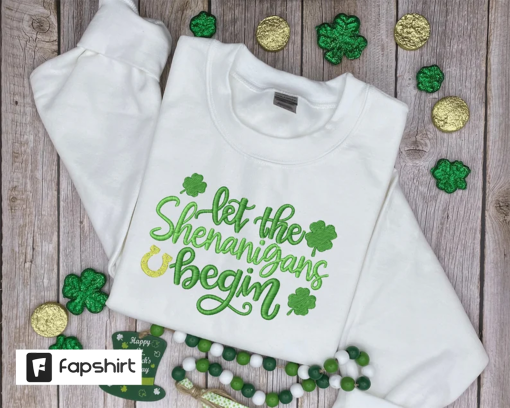 Shenanigans Embroidered Sweatshirt, St Patrick’s Day Sweater, Saint Paddy’s outfit, Embroidered Hoodie, Irish Crewneck, Clover Lucky Shirt