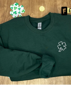 Clover Embroidered Dark Green Crewneck, St. Patrick’s…