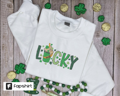 Lucky Embroidered Sweatshirt – Clover Sweater – Saint Paddy’s outfit – Coffee Embroidery Hoodie – Shamrock Crewneck – Clover Lucky Crewneck