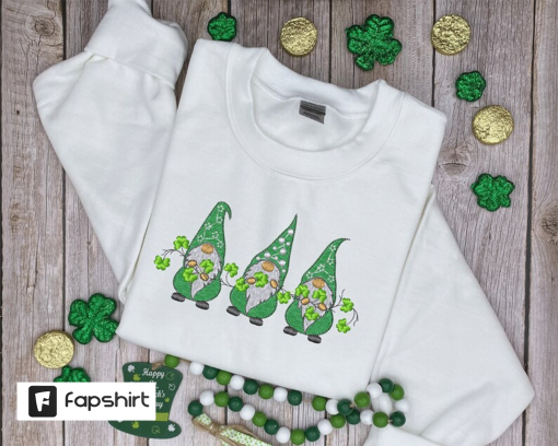 St. Patricks Day Gnomes Sweatshirt, Embroidered Crewneck, Lucky Gnomes Shirt, Lucky Embroidery, Shamrock Sweatershirt, Clover Lucky Crewneck